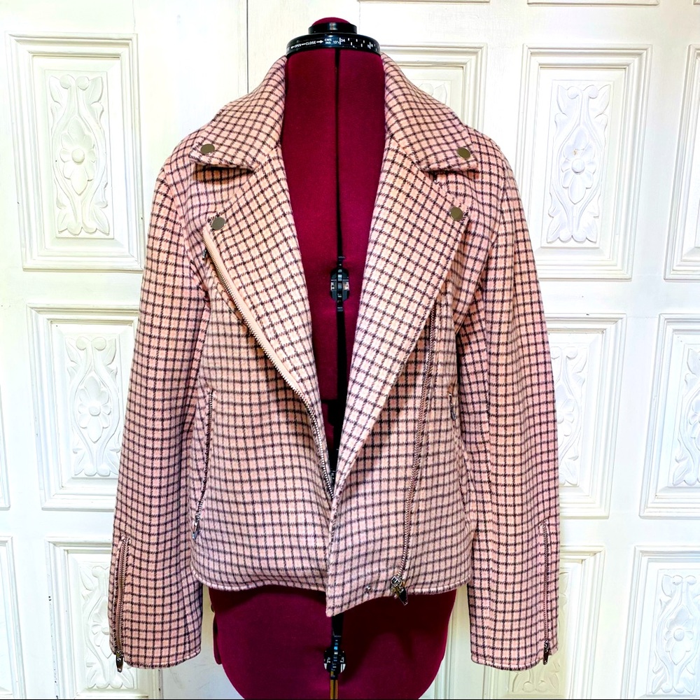 Elie Tahari Abbey Stone Asymmetrical Zippered Moto Jacket Pink Plaid Small NWT